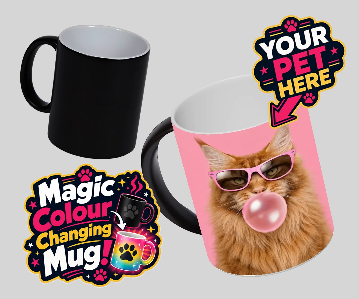 Personalised Paw & Bubblegum cat magic photo mugs featuring the perfect fusion of fun and feline fabulousness!