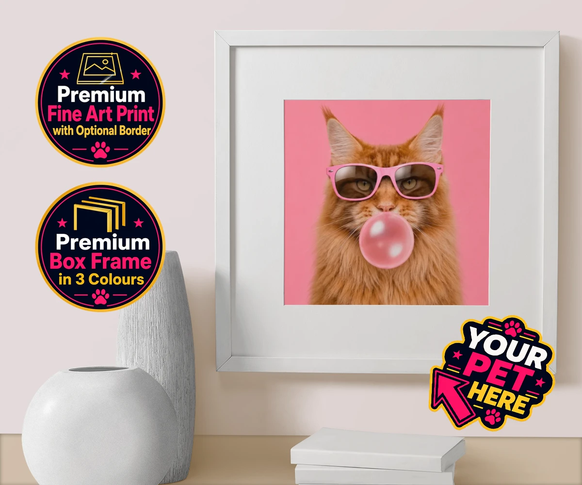 Personalised Paw & Bubblegum cat box framed print featuring the perfect fusion of fun and feline fabulousness!