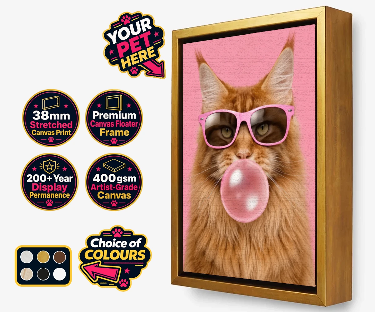 Personalised Paw & Bubblegum cat framed canvas print featuring the perfect fusion of fun and feline fabulousness!