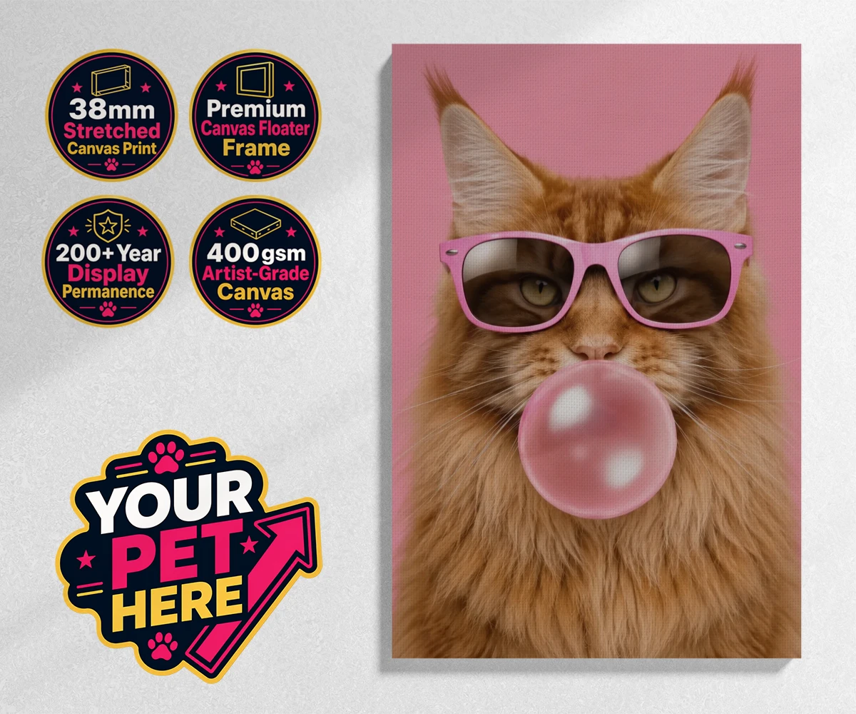 Personalised Paw & Bubblegum cat stretched canvas print featuring the perfect fusion of fun and feline fabulousness!