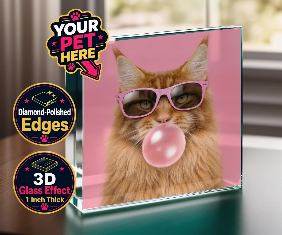 Personalised Paw & Bubblegum cat acrylic prisms featuring the perfect fusion of fun and feline fabulousness!