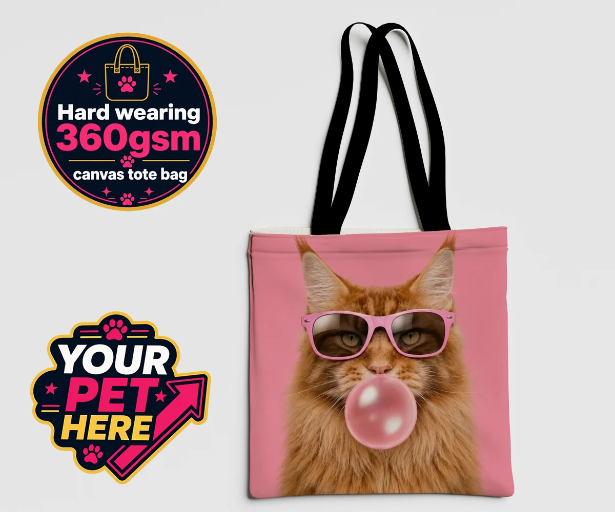 Personalised Paw & Bubblegum cat canvas tote bags featuring the perfect fusion of fun and feline fabulousness!