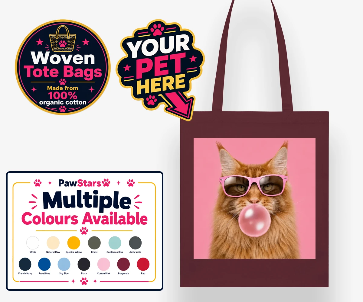 Personalised Paw & Bubblegum cat woven tote bags featuring the perfect fusion of fun and feline fabulousness!