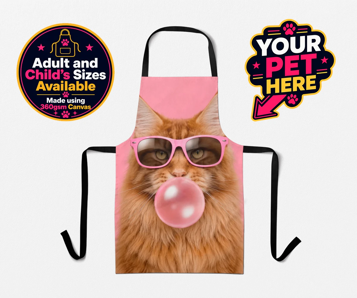 Personalised Paw & Bubblegum cat aprons featuring the perfect fusion of fun and feline fabulousness!