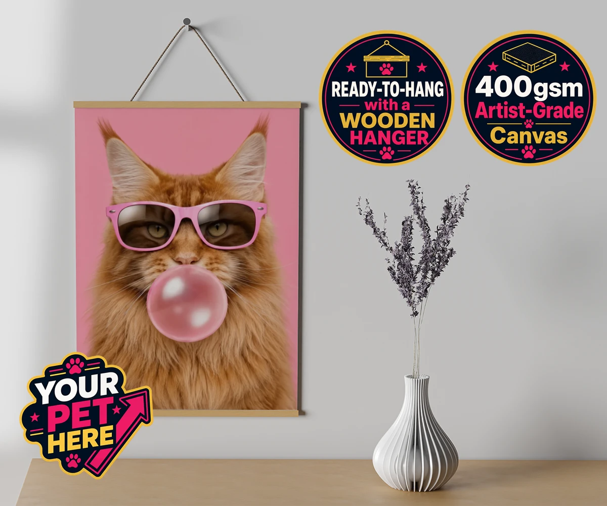 Personalised Paw & Bubblegum cat canvas poster prints with hanger featuring the perfect fusion of fun and feline fabulousness!