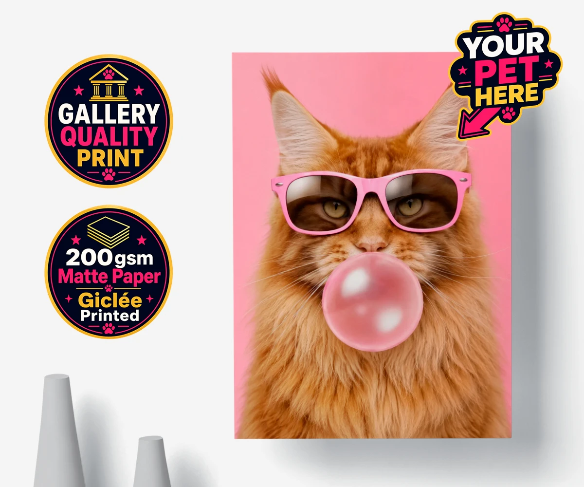Personalised Paw & Bubblegum cat premium poster print featuring the perfect fusion of fun and feline fabulousness!