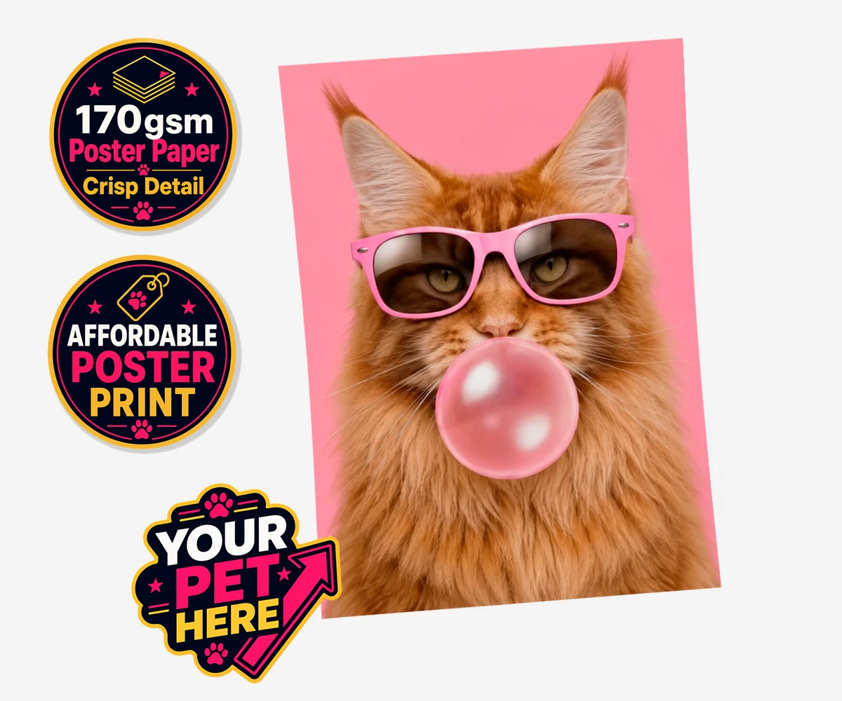 Personalised Paw & Bubblegum cat standard poster print featuring the perfect fusion of fun and feline fabulousness!