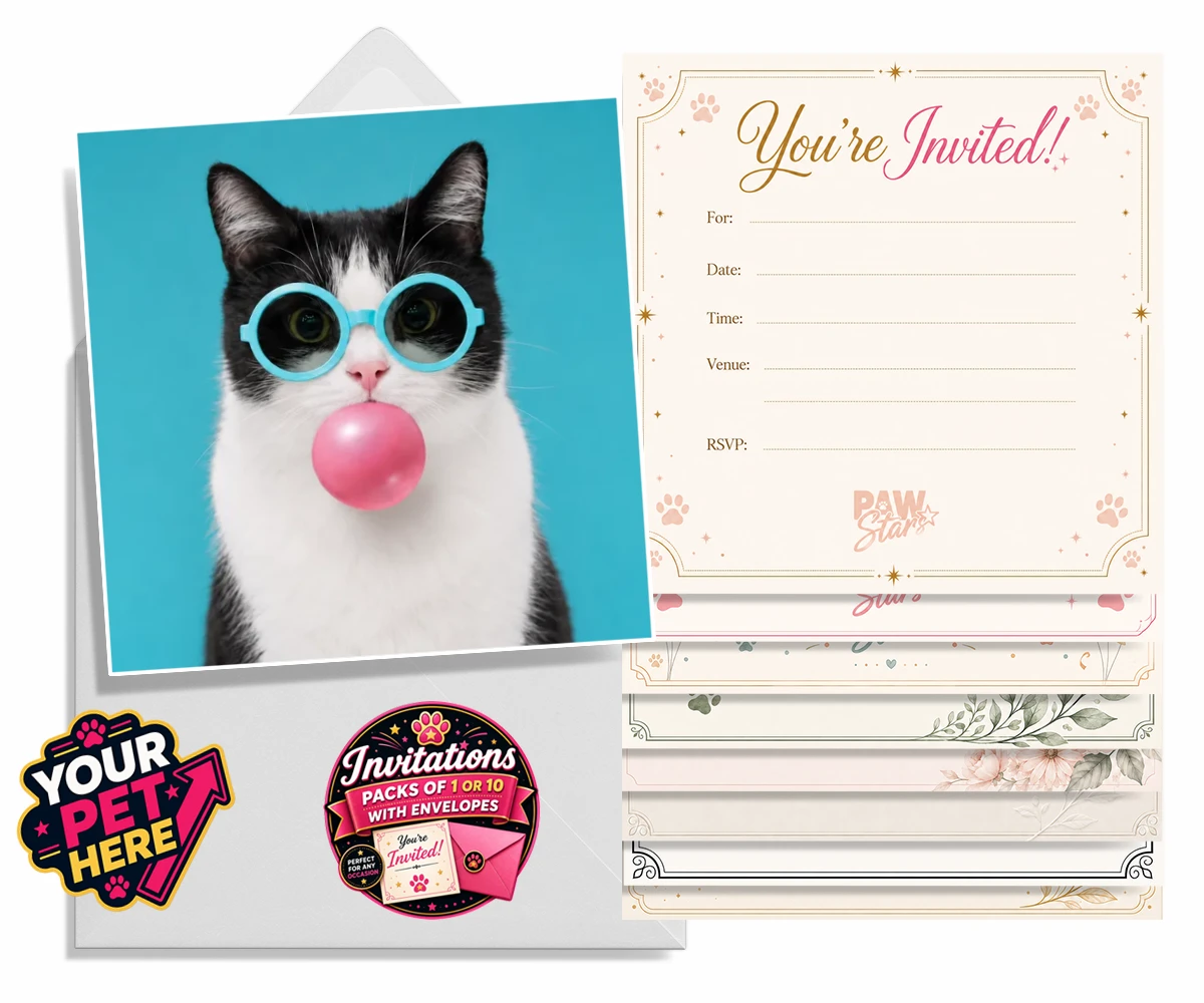 Personalised invitations featuring Bubblegum Paw Star cat with blue glasses and pink bubble