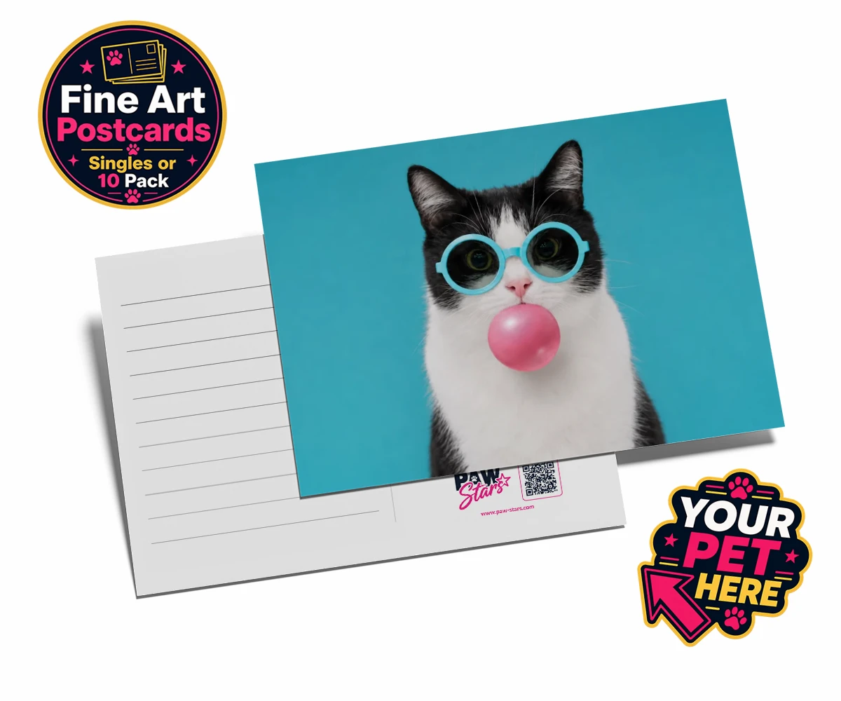 Personalised postcard of Bubblegum Paw Star, a cat with quirky blue glasses, blowing a pink bubble