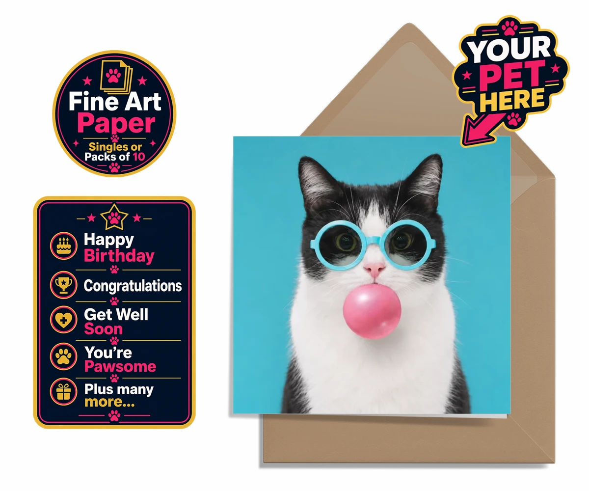 Personalised greetings card featuring Bubblegum Paw Star, a cat with blue glasses blowing a pink bubble on a turquoise background.