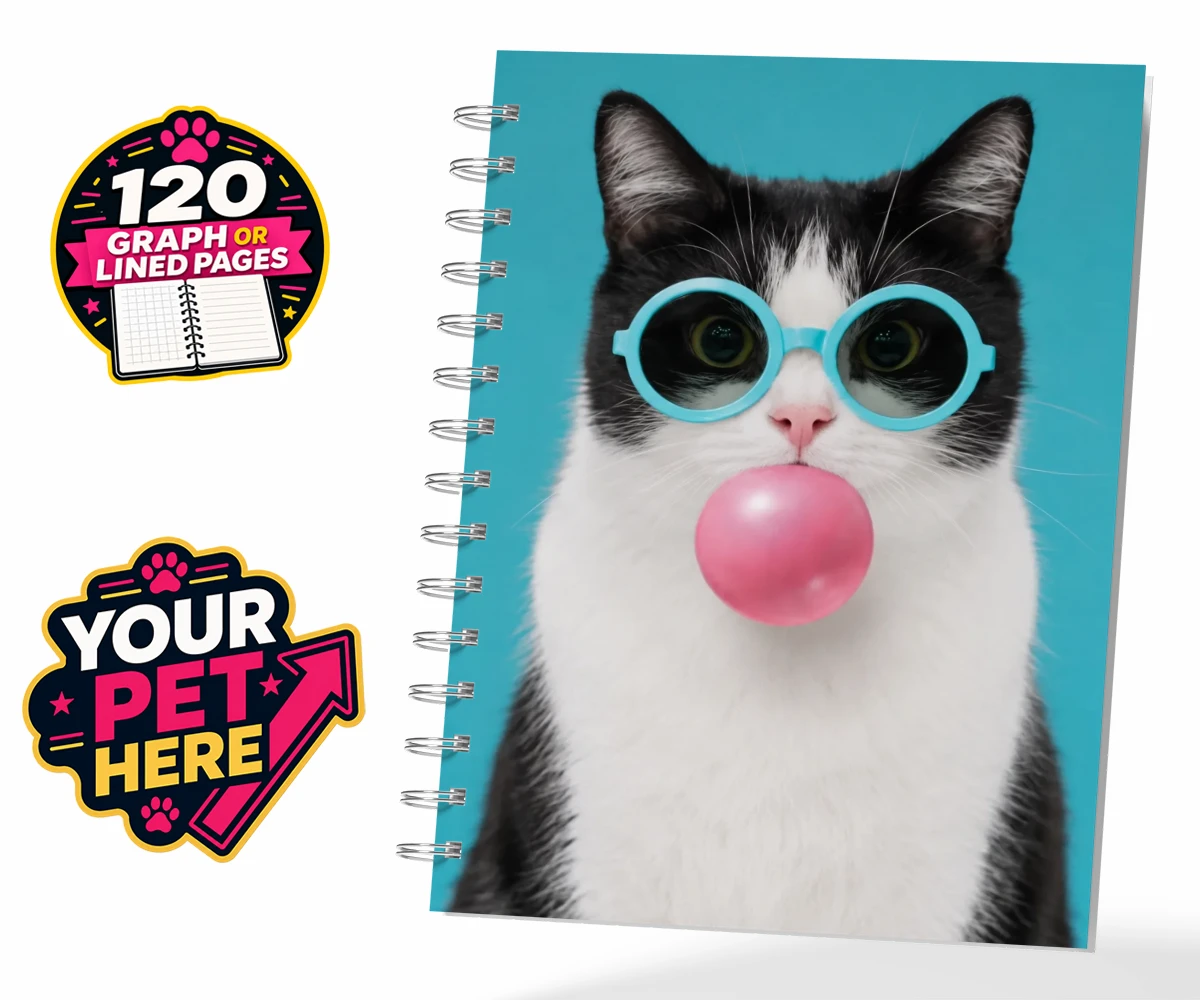 Personalised Spiral Pet Notebook featuring Bubblegum Paw Star, a cat with blue glasses and a pink bubble on a turquoise background.