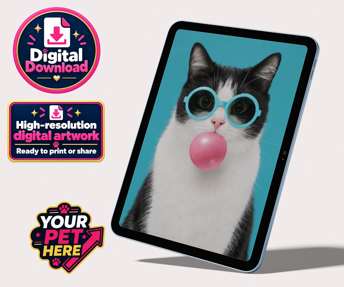Personalised digital download of Bubblegum Paw Star, a cat with blue glasses and a pink bubble on a turquoise background