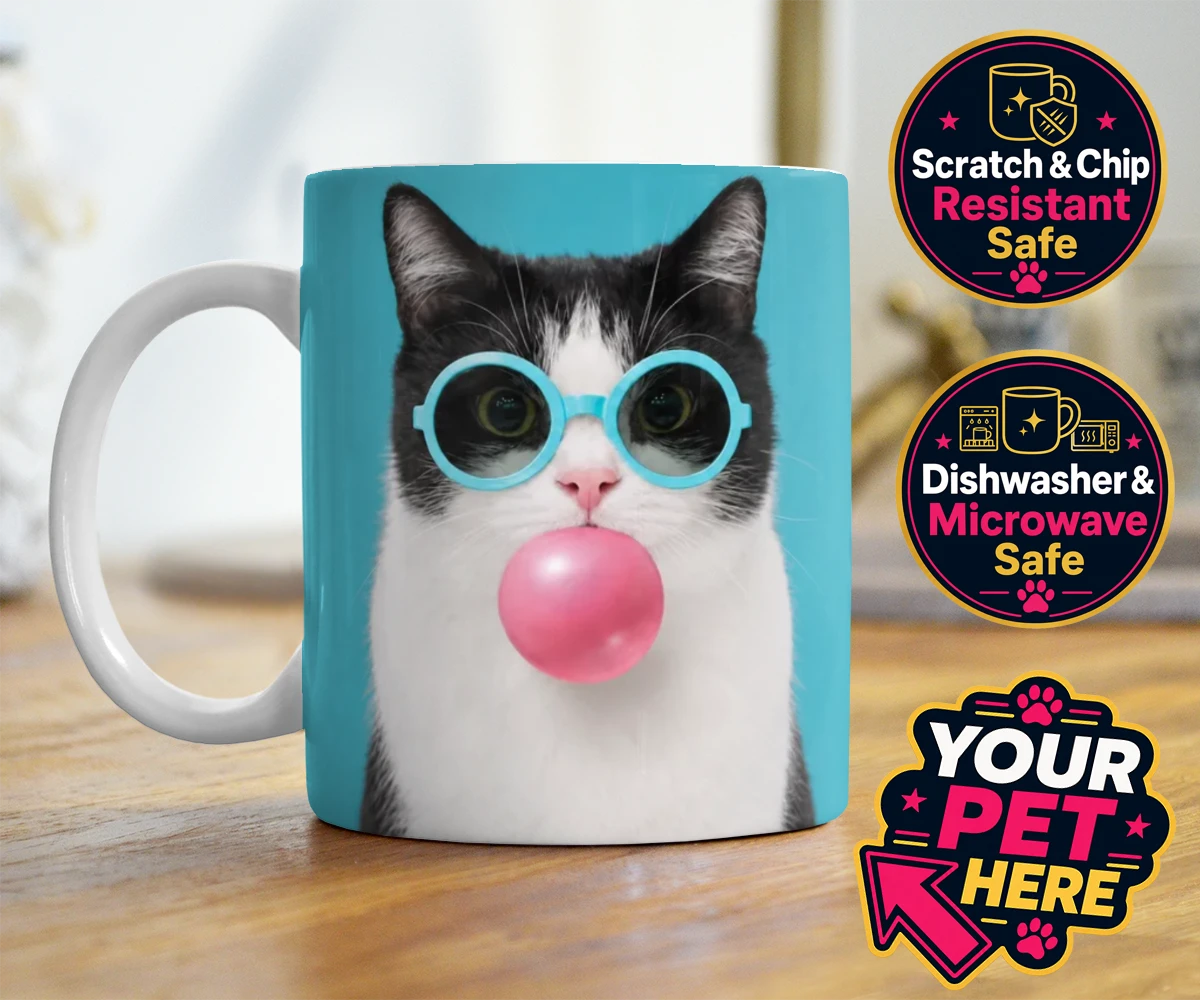 Personalised Bubblegum Paw Star cat photo mugs featuring meet Bubblegum Paw Star, the whimsical cat character who brings a spla