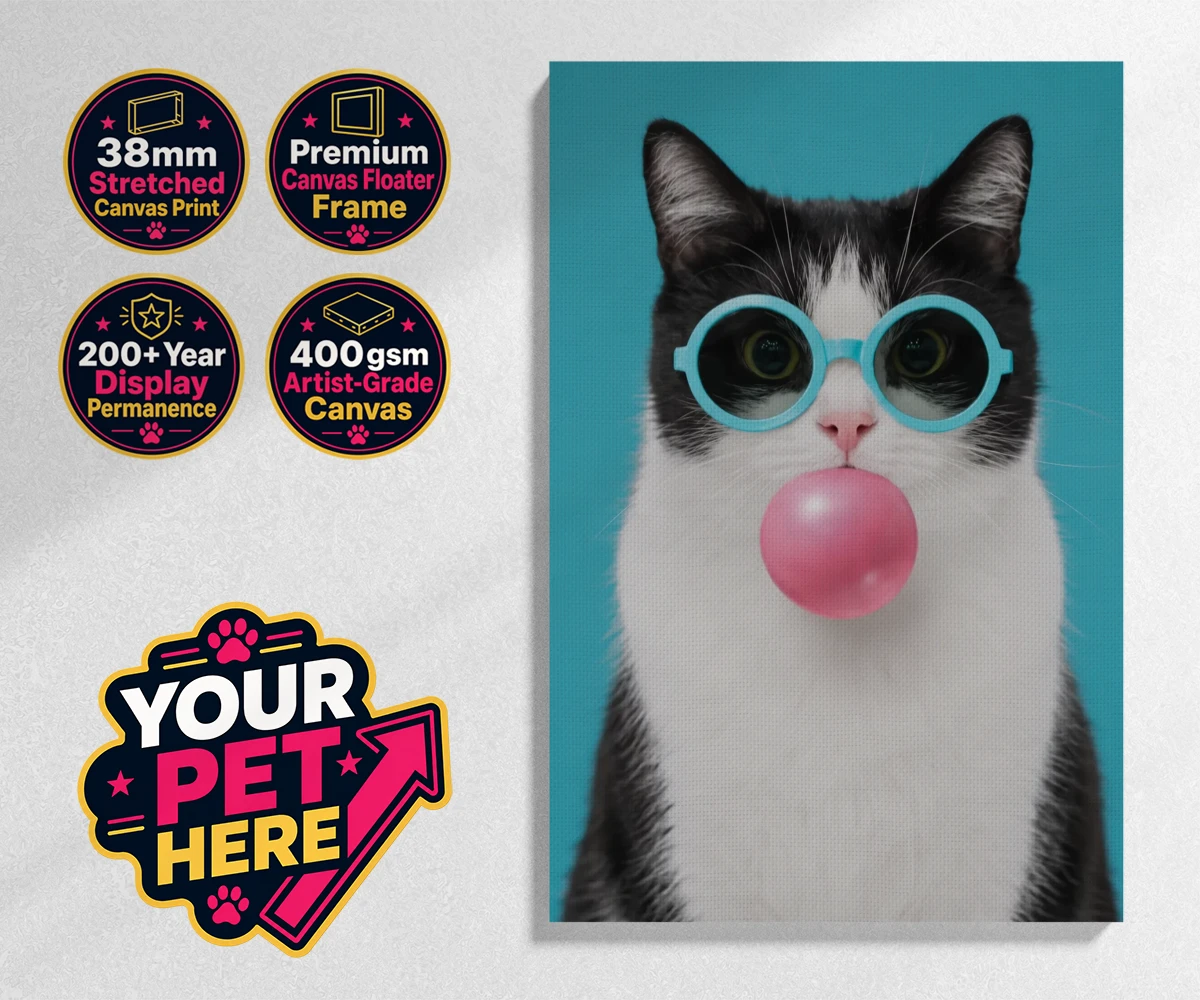 Personalised Bubblegum Paw Star cat stretched canvas print featuring meet Bubblegum Paw Star, the whimsical cat character who brings a spla