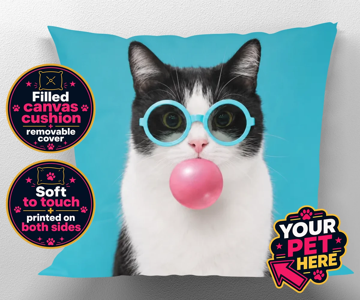 Personalised Bubblegum Paw Star cat canvas cushions featuring meet Bubblegum Paw Star, the whimsical cat character who brings a spla