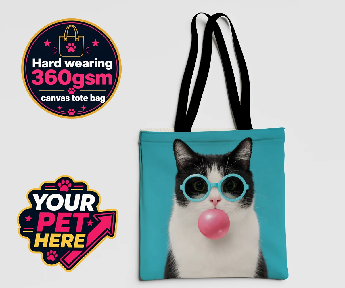 Personalised Bubblegum Paw Star cat canvas tote bags featuring meet Bubblegum Paw Star, the whimsical cat character who brings a spla