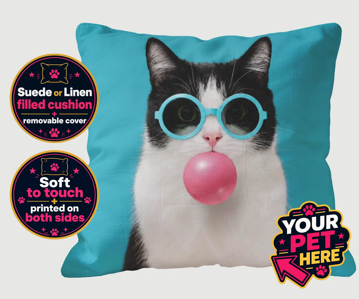 Personalised Bubblegum Paw Star cat cushions featuring meet Bubblegum Paw Star, the whimsical cat character who brings a spla