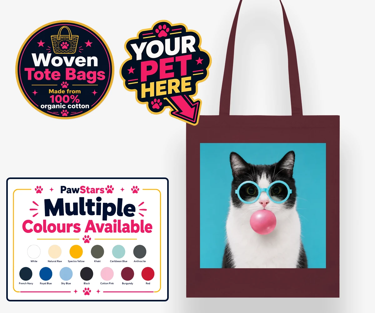Personalised Bubblegum Paw Star cat woven tote bags featuring meet Bubblegum Paw Star, the whimsical cat character who brings a spla