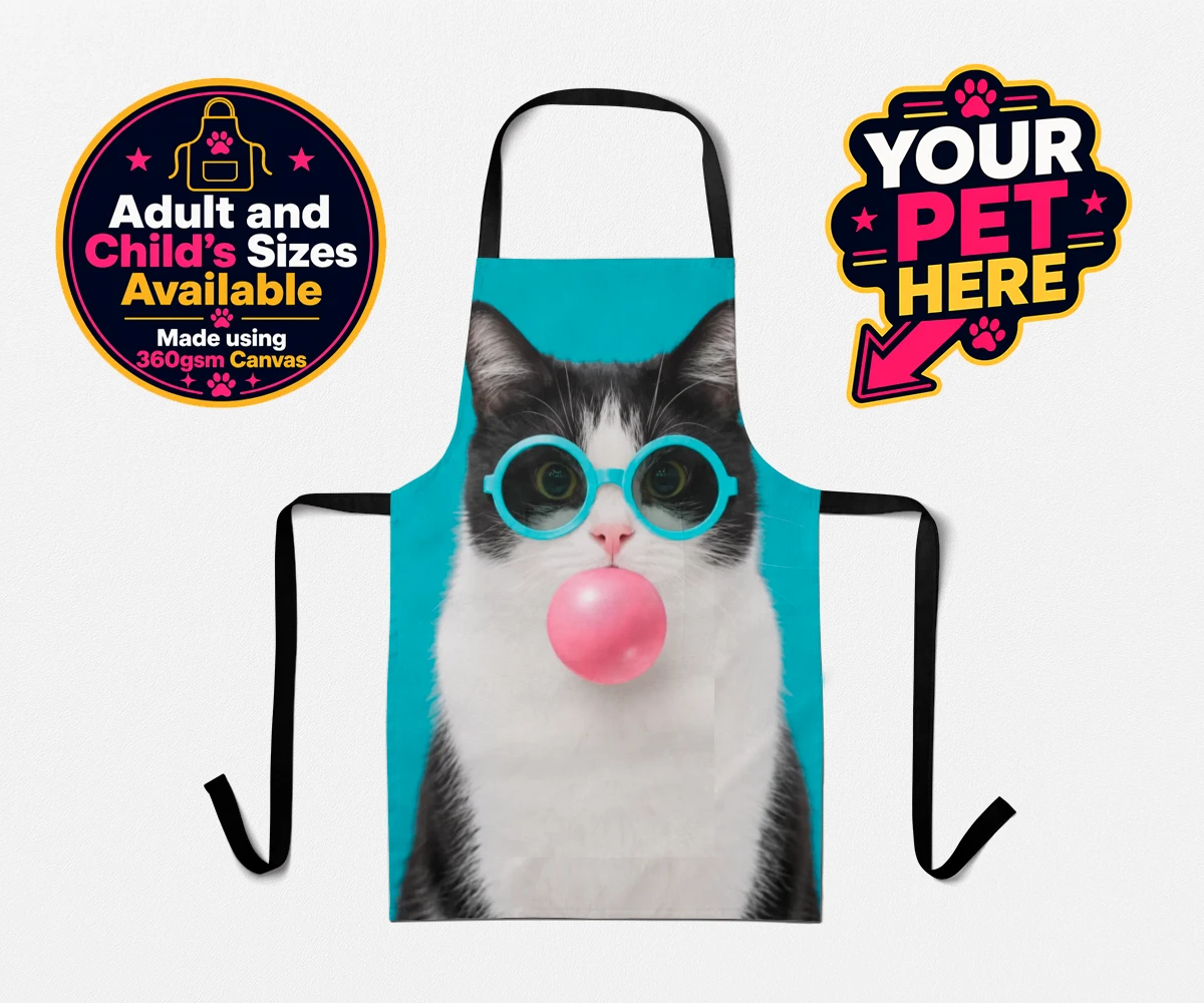 Personalised apron featuring Bubblegum Paw Star cat with quirky blue glasses and a pink bubble