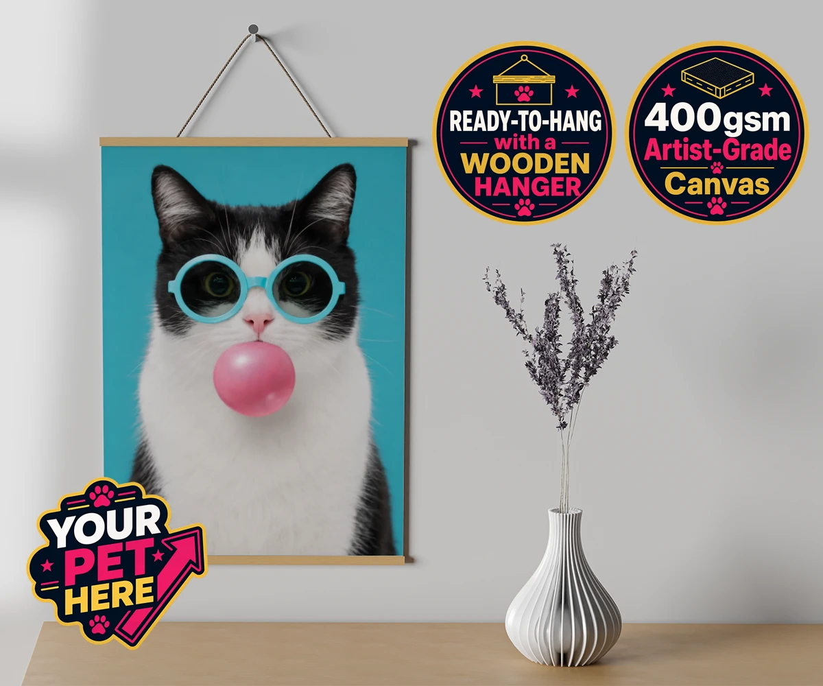 Personalised Bubblegum Paw Star cat canvas poster prints with hanger featuring meet Bubblegum Paw Star, the whimsical cat character who brings a spla