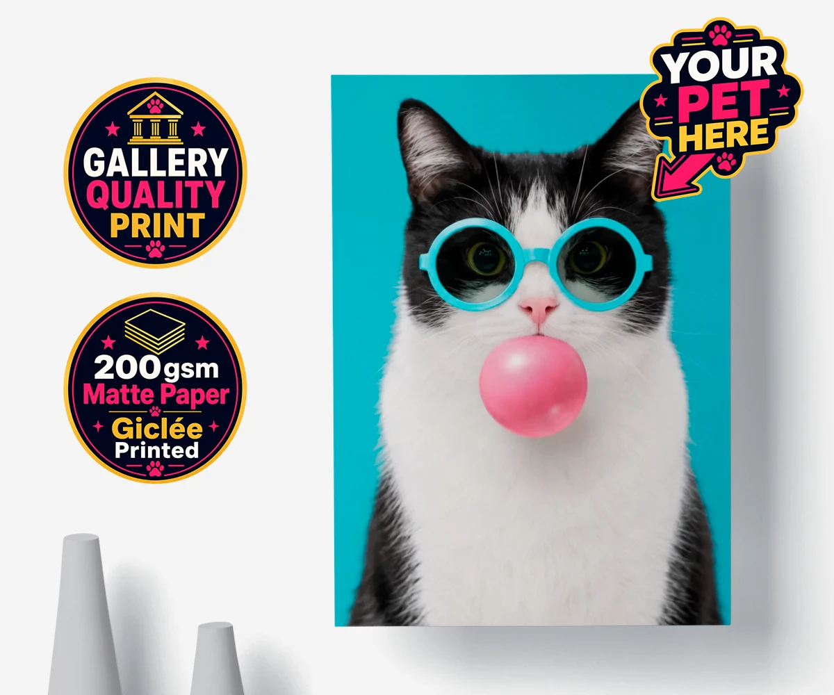 Personalised Bubblegum Paw Star cat premium poster print featuring meet Bubblegum Paw Star, the whimsical cat character who brings a spla