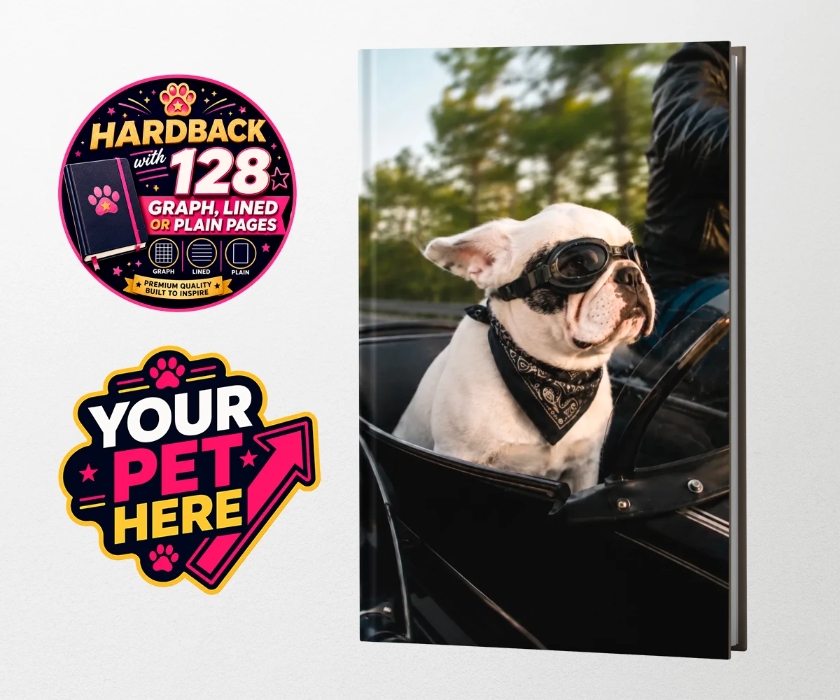 Personalised Sidecar Paw dog hardback notebooks featuring the whimsical canine companion that's ready to hit the open road with