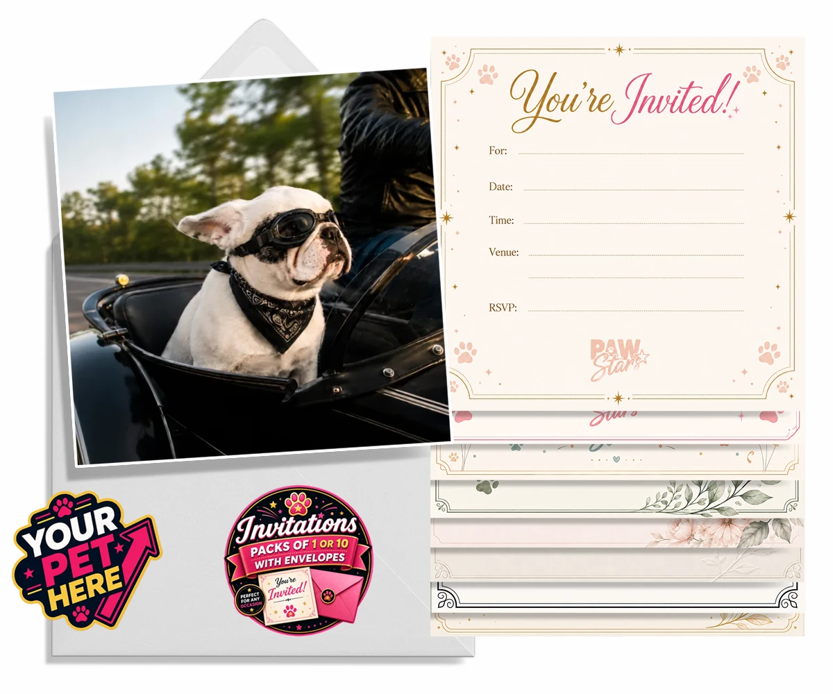 Personalised Sidecar Paw dog invitations featuring the whimsical canine companion that's ready to hit the open road with