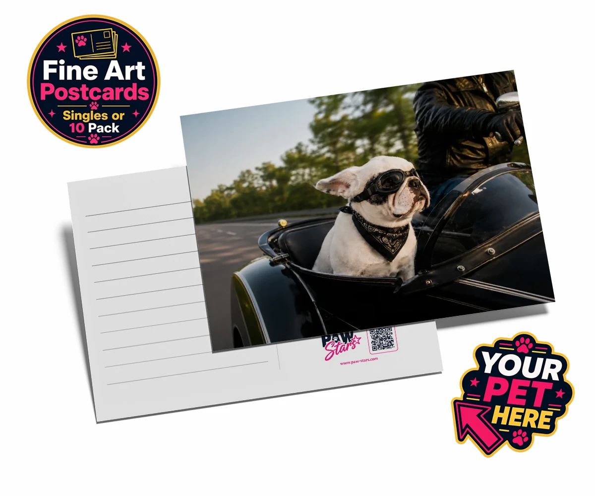 Personalised Sidecar Paw dog postcards featuring the whimsical canine companion that's ready to hit the open road with