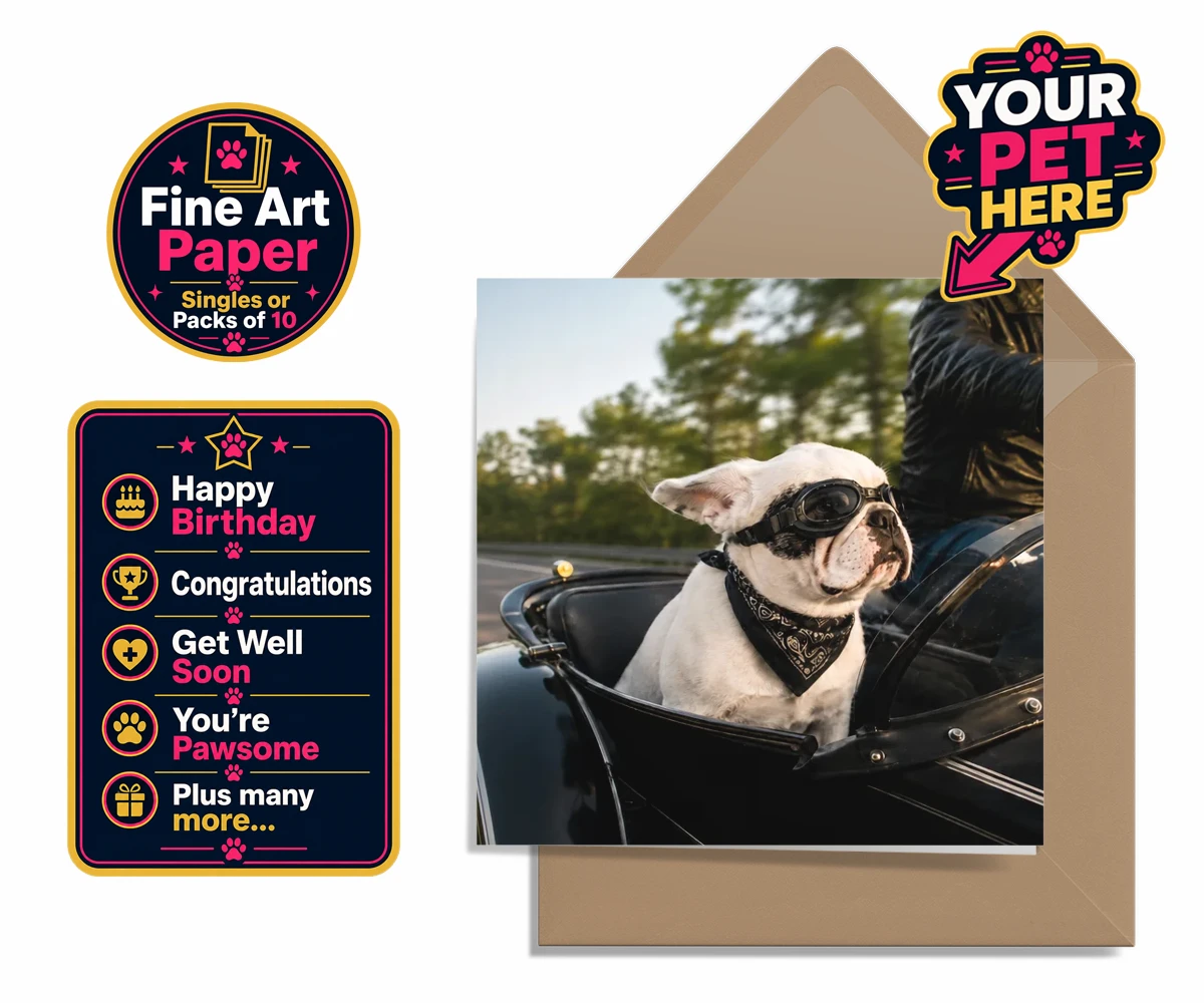 Personalised Sidecar Paw dog premium greetings cards featuring the whimsical canine companion that's ready to hit the open road with