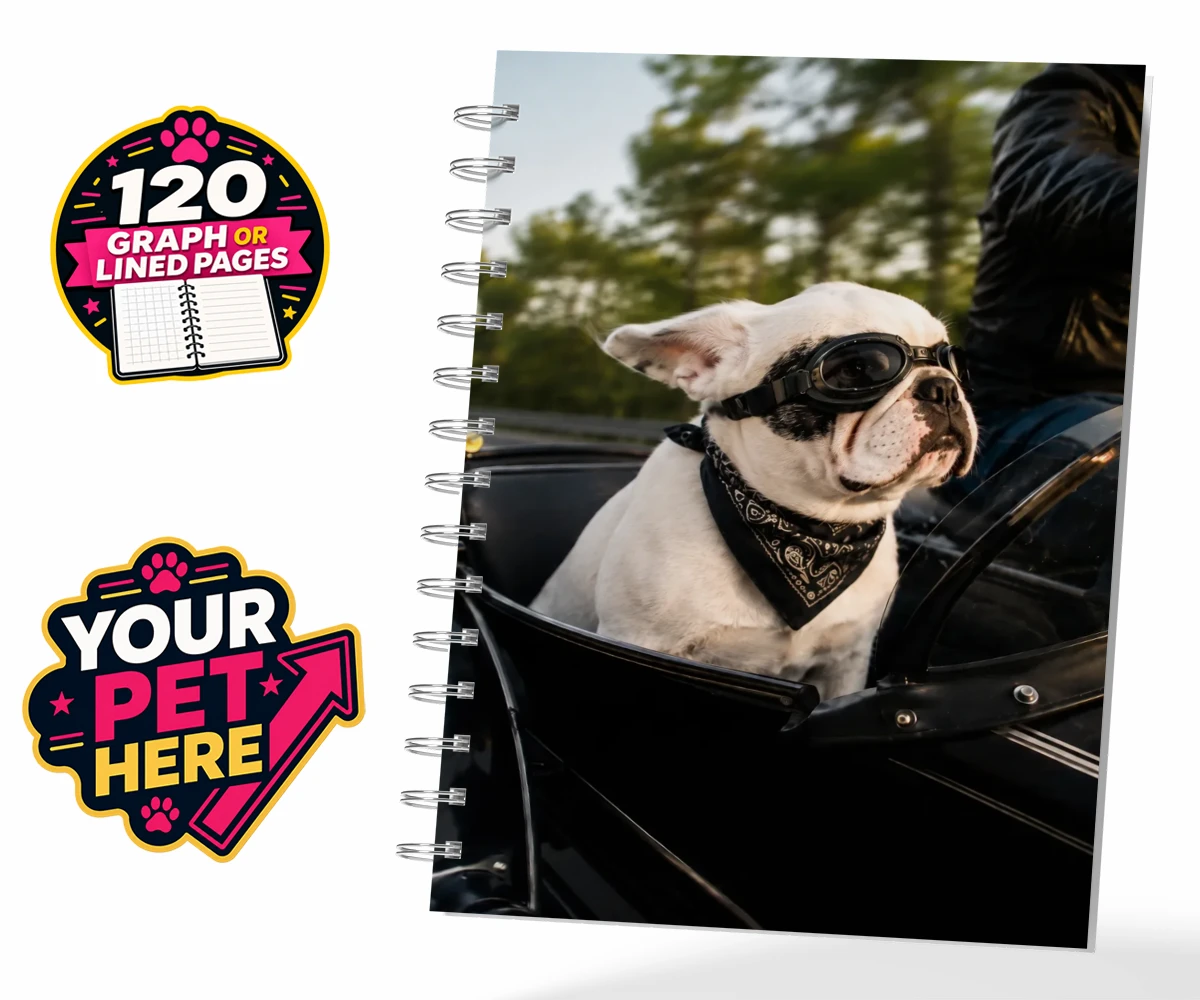 Personalised Sidecar Paw dog spiral notebook featuring the whimsical canine companion that's ready to hit the open road with
