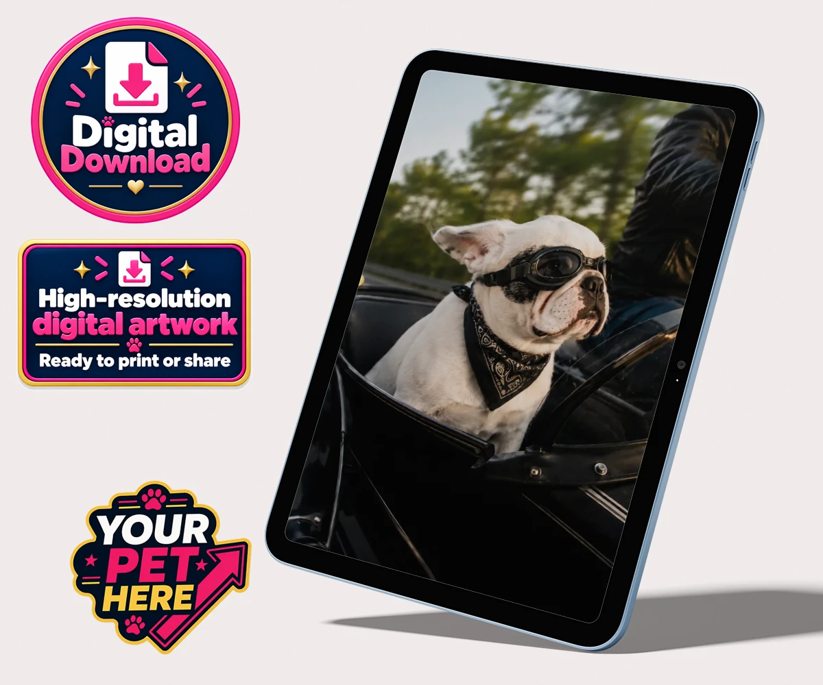 Personalised Sidecar Paw dog personalised digital downloads featuring the whimsical canine companion that's ready to hit the open road with