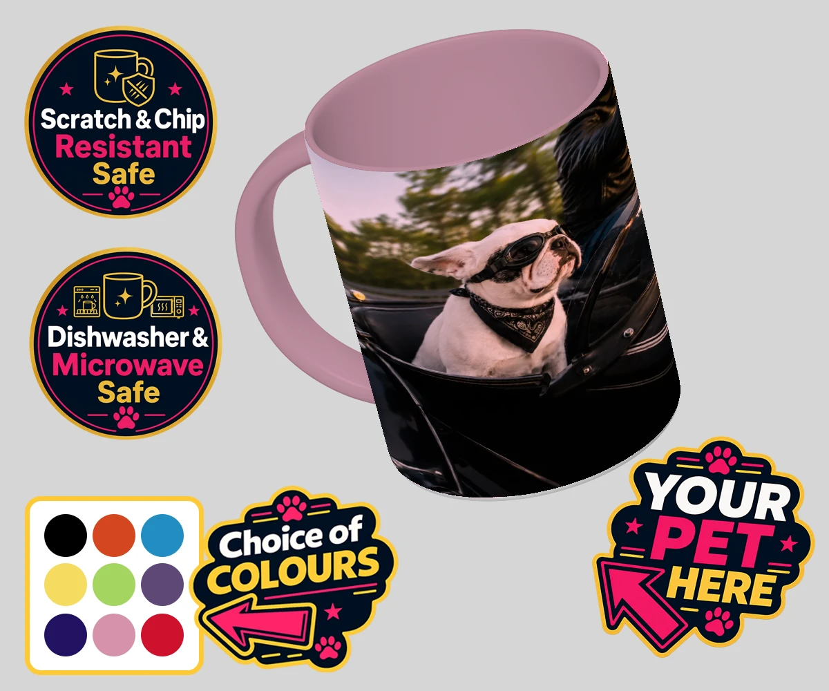 Personalised Sidecar Paw dog coloured photo mugs featuring the whimsical canine companion that's ready to hit the open road with