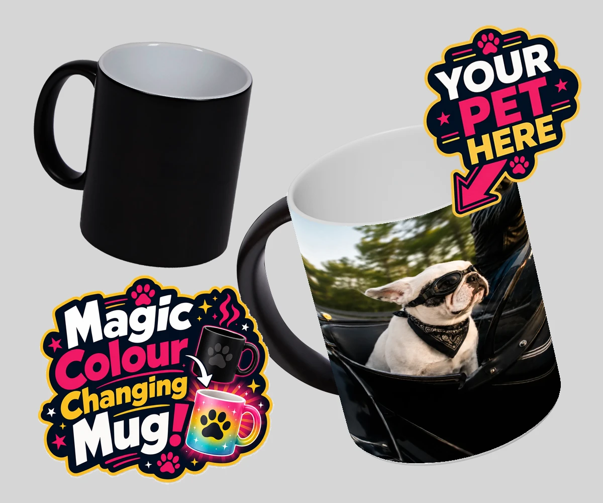 Personalised Sidecar Paw dog magic photo mugs featuring the whimsical canine companion that's ready to hit the open road with