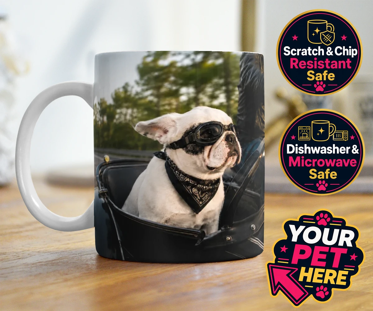Personalised Sidecar Paw dog photo mugs featuring the whimsical canine companion that's ready to hit the open road with