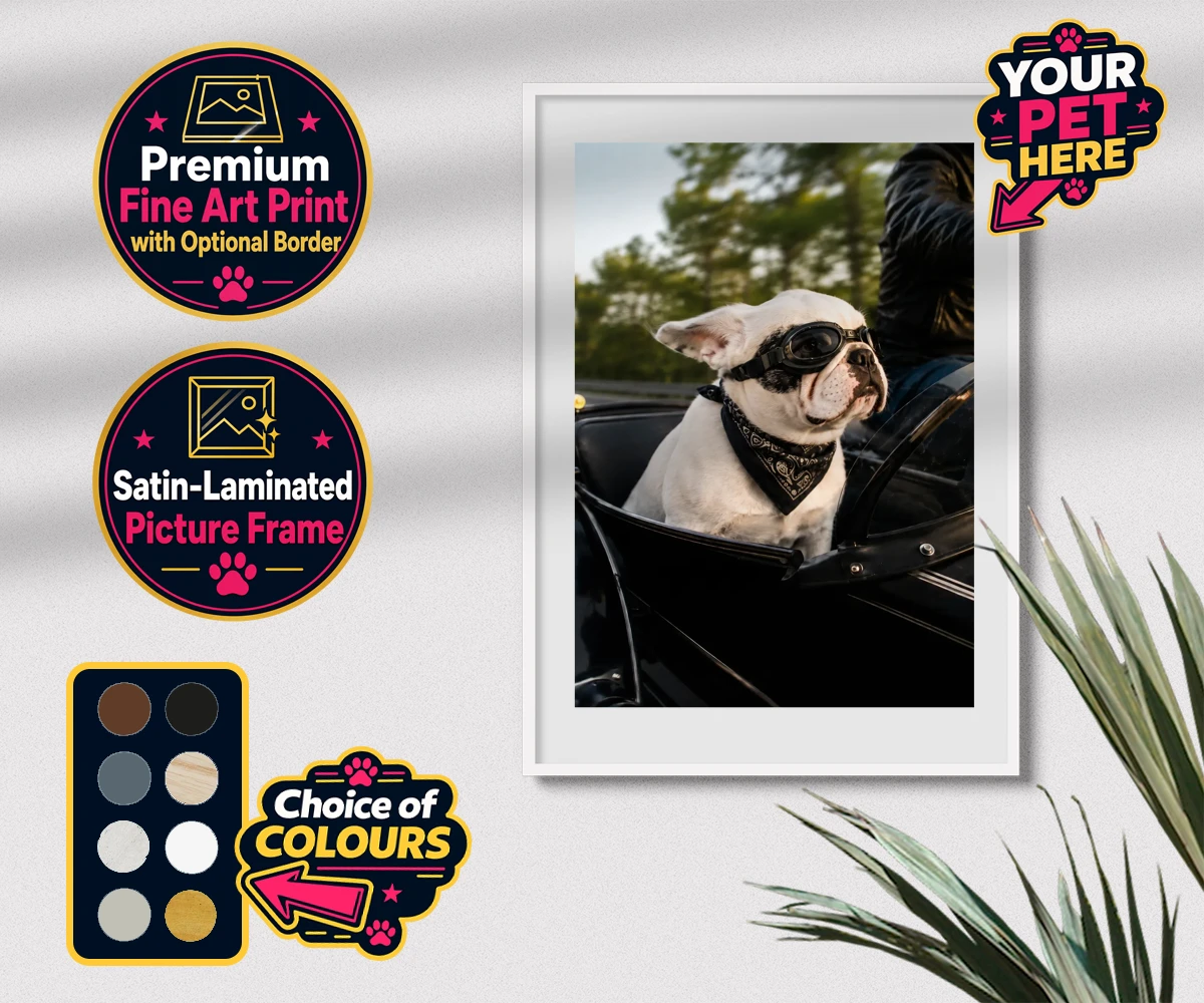 Personalised Sidecar Paw dog premium framed print featuring the whimsical canine companion that's ready to hit the open road with