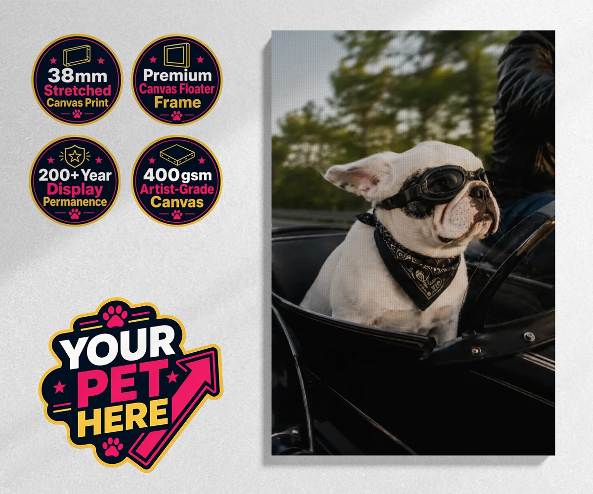 Personalised Sidecar Paw dog stretched canvas print featuring the whimsical canine companion that's ready to hit the open road with