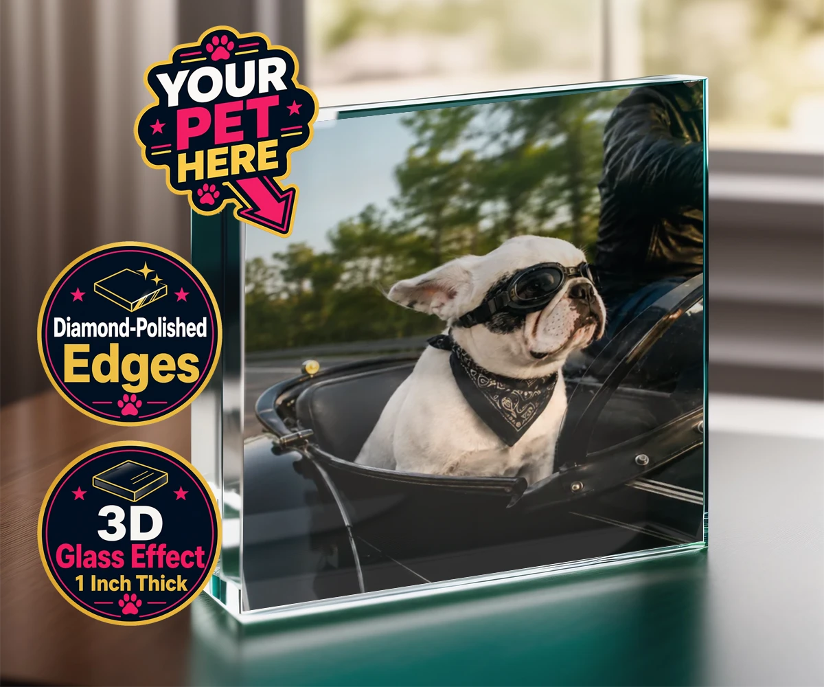 Personalised Sidecar Paw dog acrylic prisms featuring the whimsical canine companion that's ready to hit the open road with