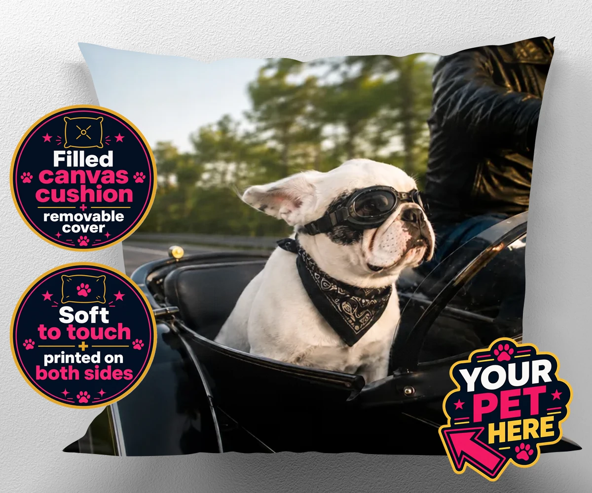 Personalised Sidecar Paw dog canvas cushions featuring the whimsical canine companion that's ready to hit the open road with