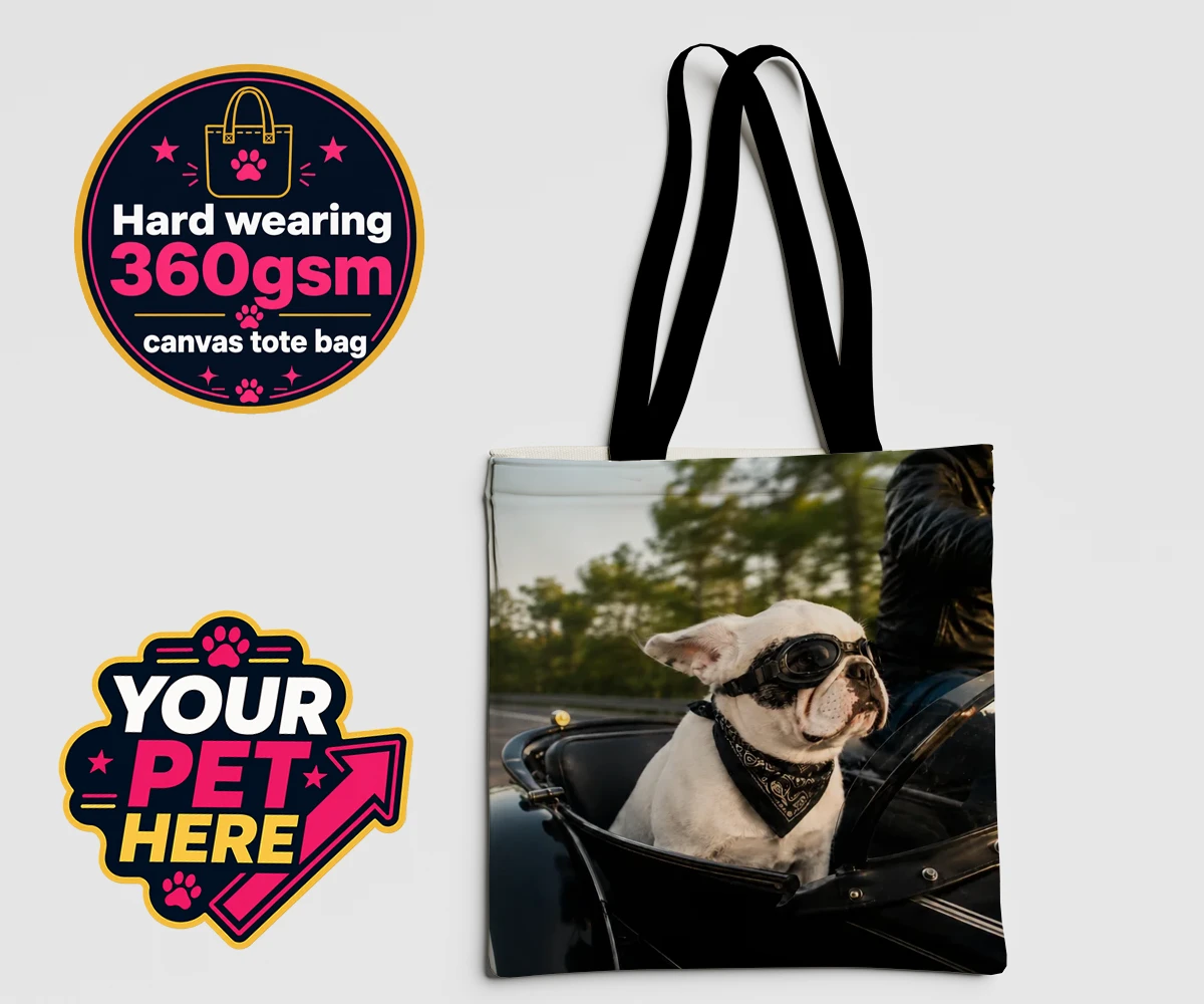 Personalised Sidecar Paw dog canvas tote bags featuring the whimsical canine companion that's ready to hit the open road with