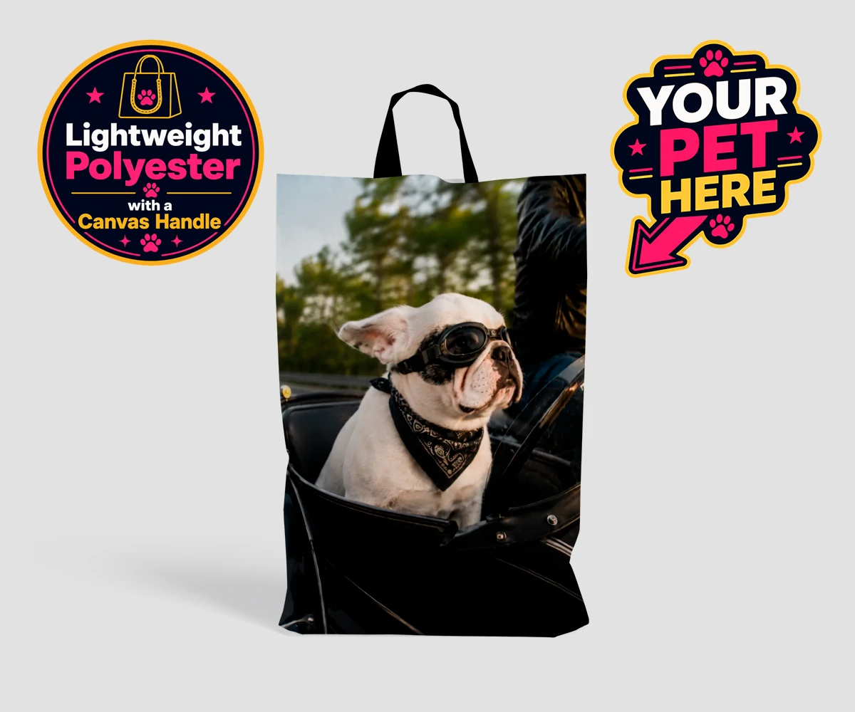 Personalised Sidecar Paw dog shopping bags featuring the whimsical canine companion that's ready to hit the open road with