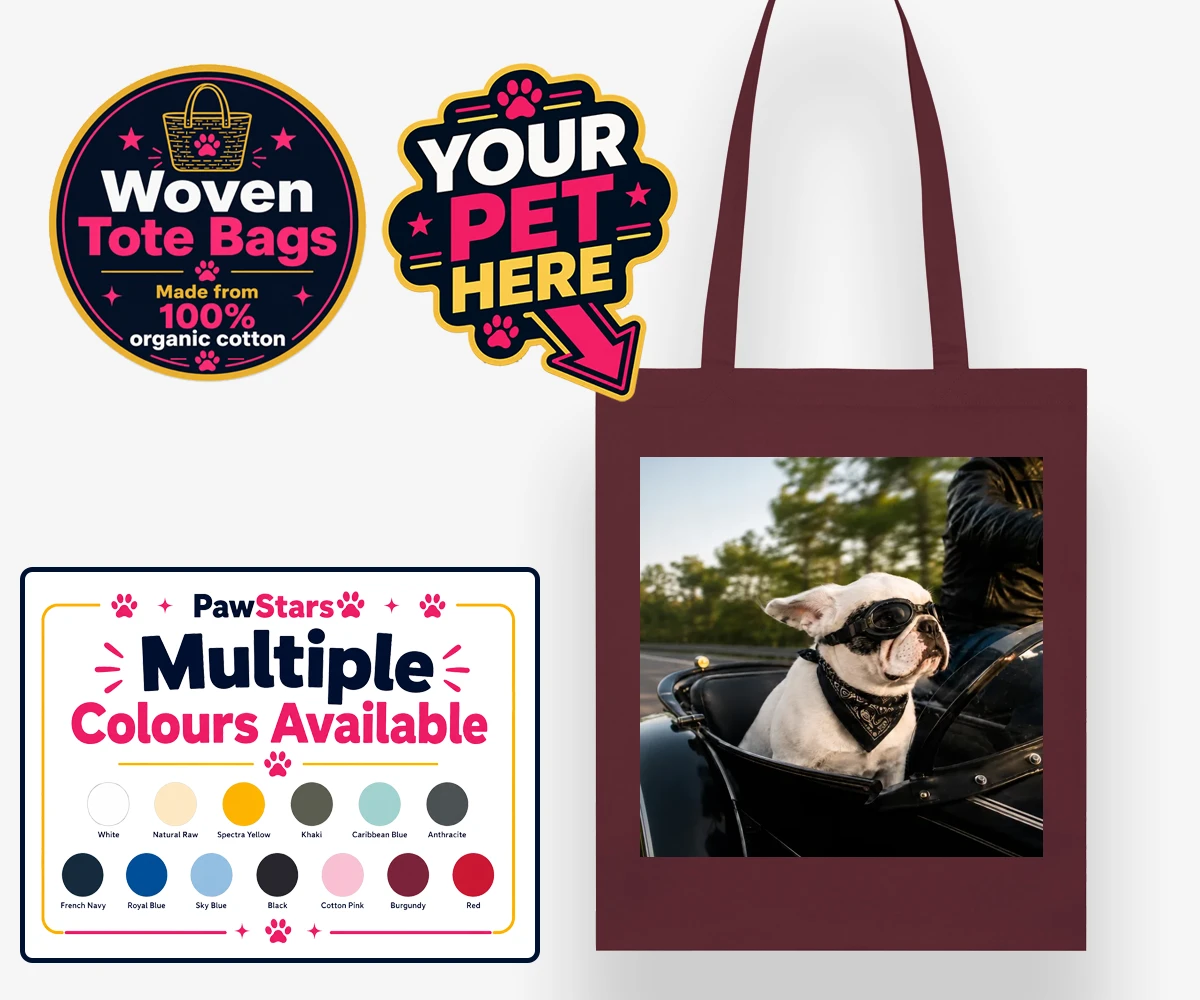 Personalised Sidecar Paw dog woven tote bags featuring the whimsical canine companion that's ready to hit the open road with