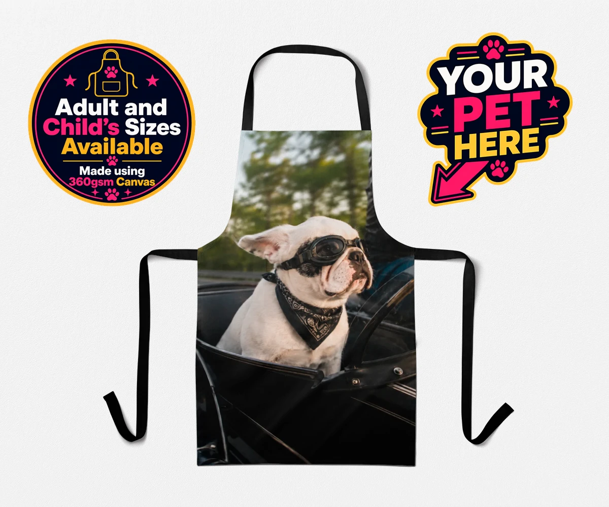 Personalised Sidecar Paw dog aprons featuring the whimsical canine companion that's ready to hit the open road with