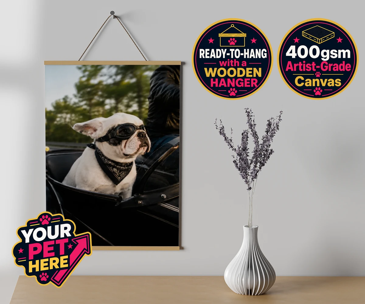 Personalised Sidecar Paw dog canvas poster prints with hanger featuring the whimsical canine companion that's ready to hit the open road with