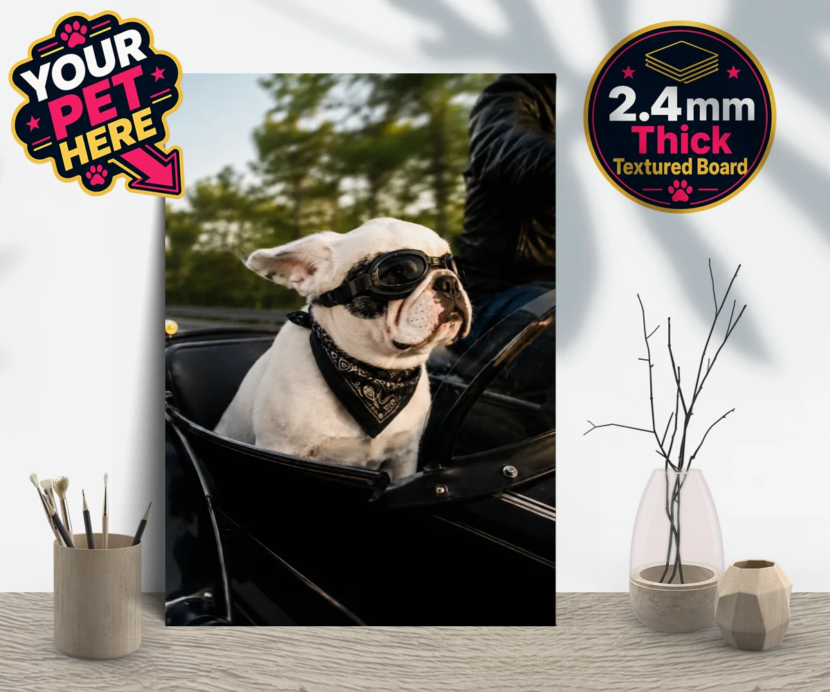 Personalised Sidecar Paw dog gallery boards featuring the whimsical canine companion that's ready to hit the open road with