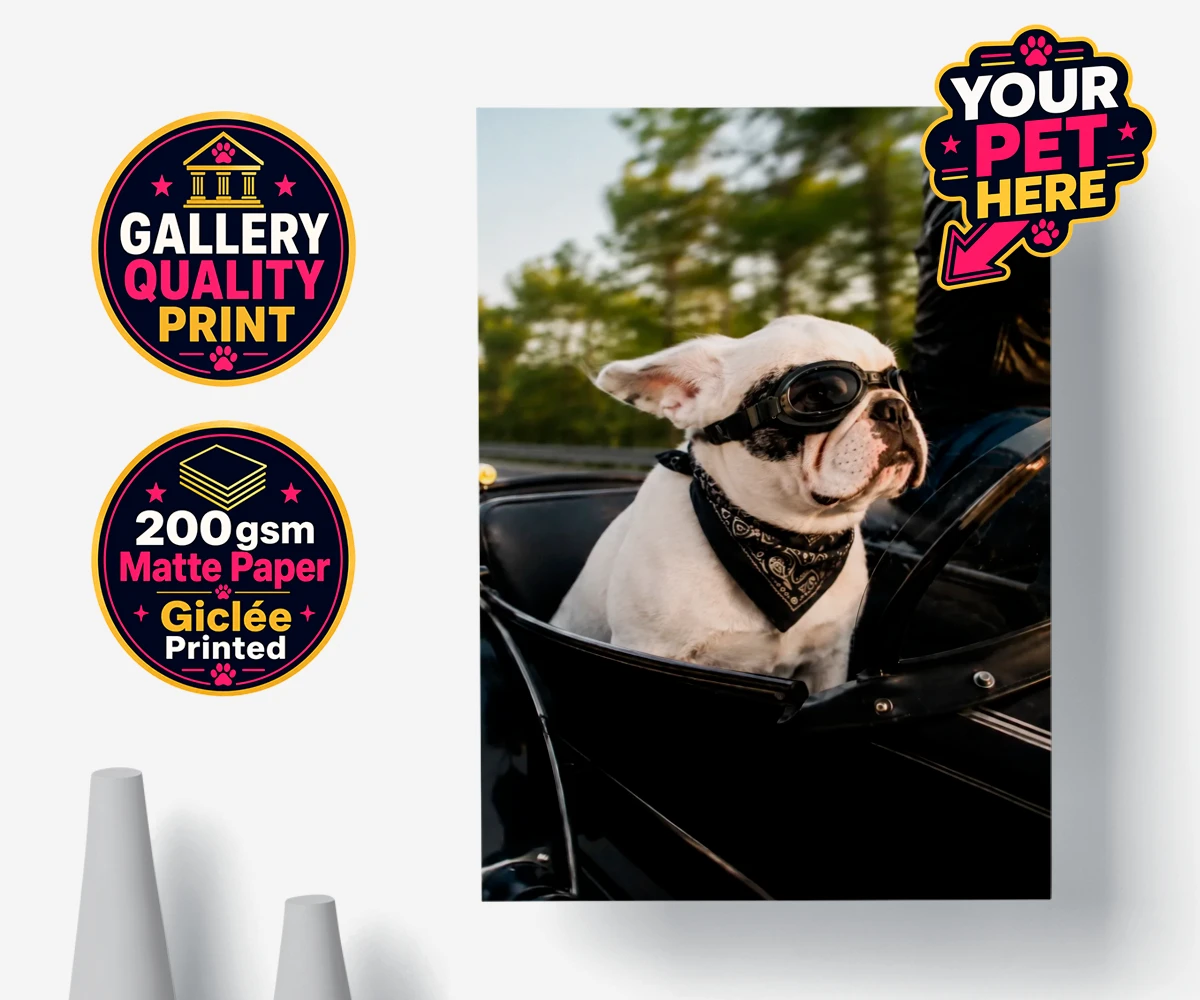 Personalised Sidecar Paw dog premium poster print featuring the whimsical canine companion that's ready to hit the open road with