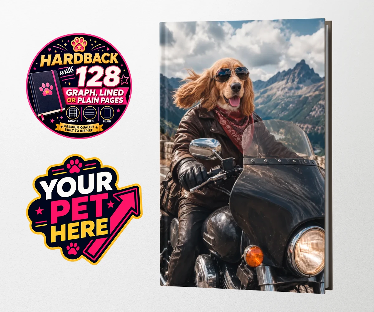 Personalised Paw Rider dog hardback notebooks featuring meet Paw Rider, the ultimate pooch who knows how to cruise in style!