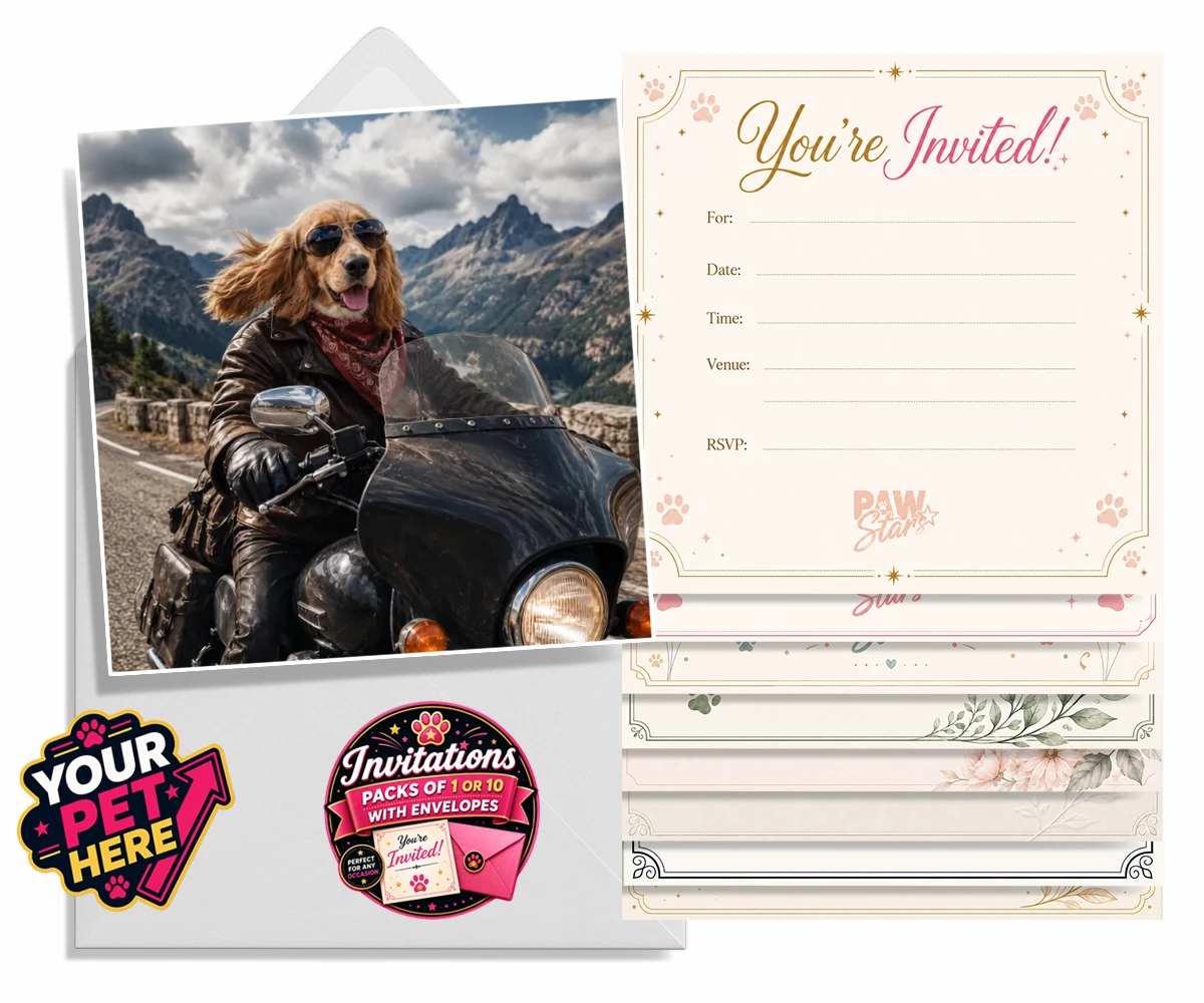 Personalised Paw Rider dog invitations featuring meet Paw Rider, the ultimate pooch who knows how to cruise in style!