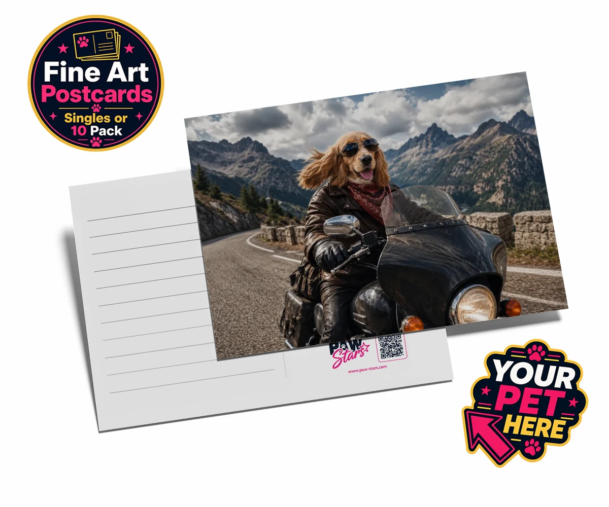 Personalised Paw Rider dog postcards featuring meet Paw Rider, the ultimate pooch who knows how to cruise in style!