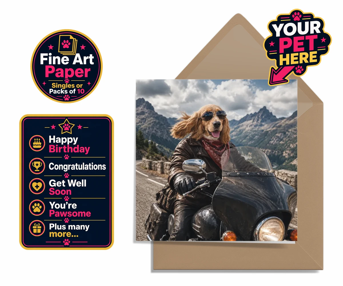 Personalised Paw Rider dog premium greetings cards featuring meet Paw Rider, the ultimate pooch who knows how to cruise in style!
