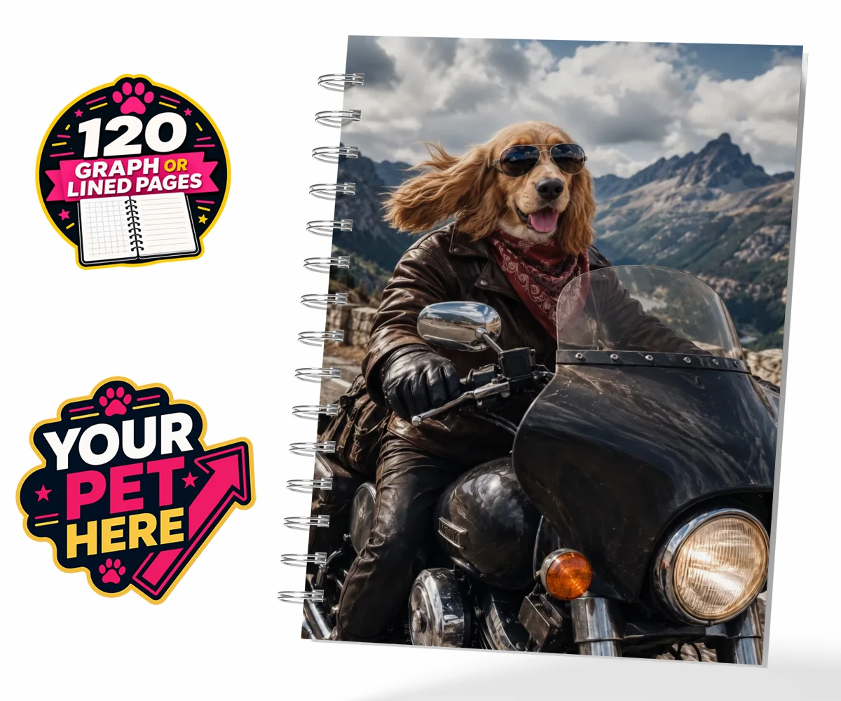 Personalised Paw Rider dog spiral notebook featuring meet Paw Rider, the ultimate pooch who knows how to cruise in style!
